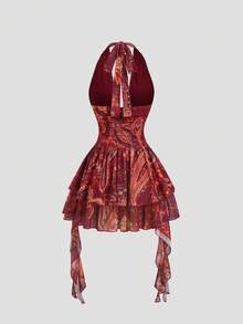Sweetra 女士红色佩斯利腰果花卉印花网纱不对称下摆深V领露背系带修身性感波西米亚风长裙 - 紅色 - 查看 2