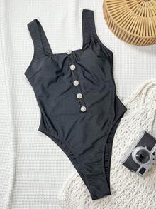 Swim SXY Traje de baño de una pieza de unicolor con tela brillante, cuello cuadrado, tirantes gruesos y botón de perla para uso casual en la playa, para mujeres, primavera/verano - Negro - Ver 4