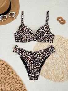 Costavie 两件套性感豹纹聚拢加厚比基尼套装，女士夏季沙滩装 - 彩色 - 查看 4