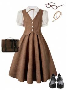 女童彩色拼接背心，荷叶边领口，优雅连体连衣裙，适合生日派对、日常穿着、春夏穿着 - 棕色 - 查看 6