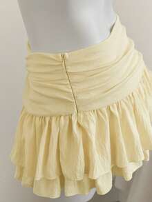 Elamini 米色褶皱高腰低腰双层雪纺半身裙，度假风迷你裙 - 淡黃色 - 查看 3