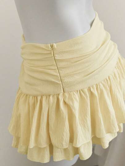 Elamini Beige Pleated High Waist Low Waist Double Layer Chiffon Skirt, Vacation Style Mini Skirt