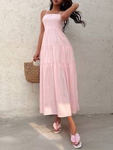 Sunnyshic Peach Textured Fabric Drawstring Pleated Loose Fit Sleeveless Dress, Relaxed Holiday Style - Baby Pink - View 7