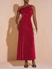 Zivah Elegant Burgundy Summer Long Dress,Shiny Glossy Asymmetric Neckline Dining Outfit For Valentine's Day,Date,Birthday Party,Graduation & Wedding Guest - Burgundy - View 8