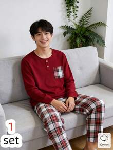 8Y-12Y Boys' Sleepwear Set, Red Solid Top & Plaid Pants, Comfortable Fabric - Red - View 8