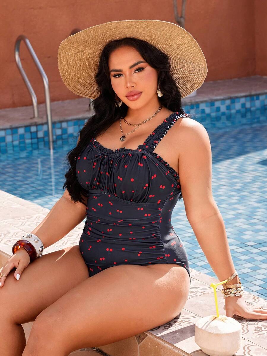 SHEIN Swim Plus Size One-Piece Swimsuit With Cherry Print Pattern, Mature European And American Style - Multicolor - View 1