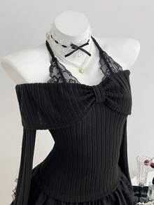 Elamini 黑色针织抓绒罗纹蕾丝拼接V领露肩系带蝴蝶结长袖修身T恤，女士春夏款，甜美、可爱、优雅、通勤、复古、纯色、学院风、日常、约会、百搭