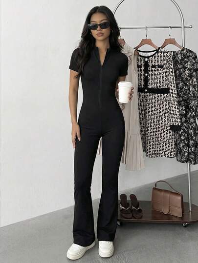 Teen Girls Casual Solid Color Zipper Flare Jumpsuit