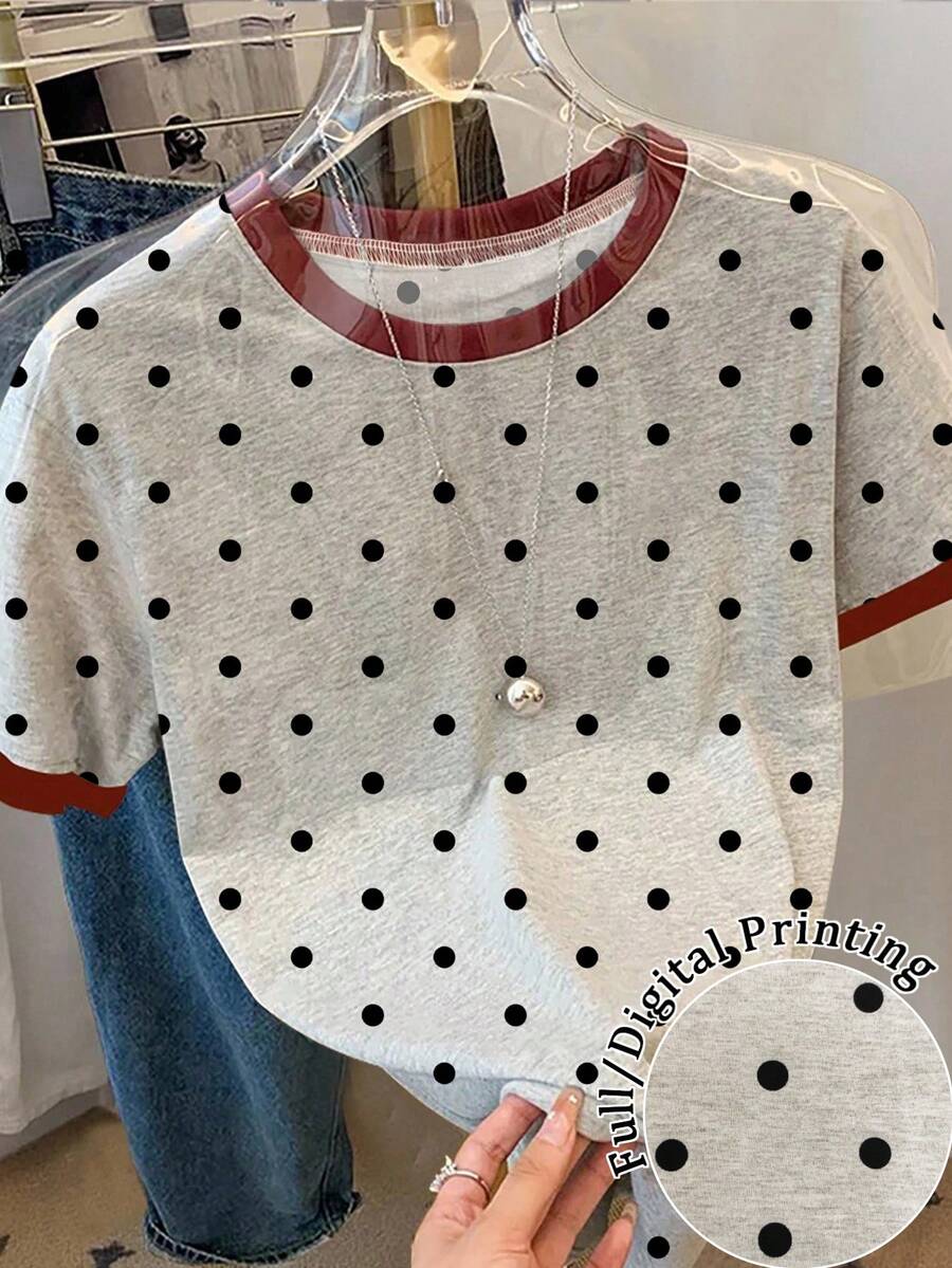 Resyla Women's Casual Polka Dot Print Round Neck Short Sleeve T-Shirt, Summer - Multicolor - View 1