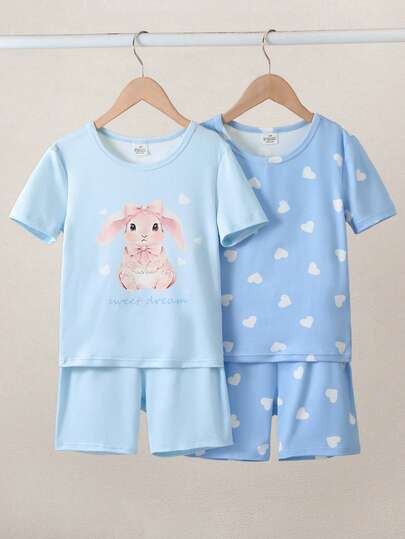 4pcs/2sets Girls Knitted High Stretch Crew Neck Snug Fit Short Sleeve Shorts Pajama Set, Rabbit & Heart Cute Pattern, Comfortable & Soft, Great Gift For Teenage Girls