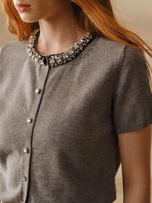 MOTF PREMIUM WOMEN'S RHINESTONE EMBELLISHED FRONT BUTTON SHORT SLEEVE KNIT TOP - Grey - View 1