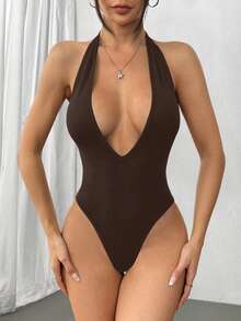 SHEIN Unity 黑色深V领露背连体衣，弹力柔软，舒适时尚，休闲性感，适合娇小女性，春夏款