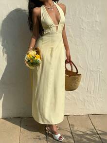 Optris Blue & White Striped Deep V-Neck Backless Tie-Up Waist A-Line Sleeveless Jumpsuit Dress, Elegant Sexy Cute Suitable For Vacation, Beach, Commute, Party, Daily Wear, Dating, Spring/Summer/Autumn - Yellow - View 3