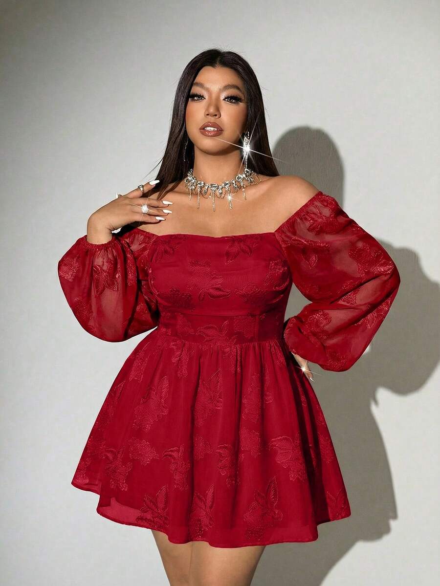 Viva Relle Plus Size Sexy Square Neck Long Sleeve Chic Casual Dress, Christmas Red Party - Red - View 1