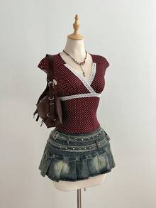 Elamini Brown Polka Dot Print Contrast White Lace V-Neck Waist Cinched Short Sleeve Cropped T-Shirt, Women's Spring/Summer Fashion Commute Vacation Retro Elegant Cute Date Minimalist Everyday Versatile - Brown - View 4