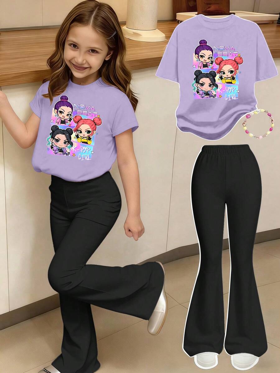 两件套休闲简约英文字母动漫图案紫色短袖圆领T恤和黑色喇叭裤，可爱卡通趣味时尚女童套装，适合所有季节