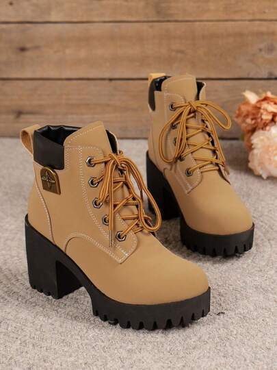 ISPORTE .Nuevos botines de tacón alto con adornos para otoño/invierno. Botas de mujer con tacón grueso, cordones y punta redonda.(Altura del tacón 7 cm)