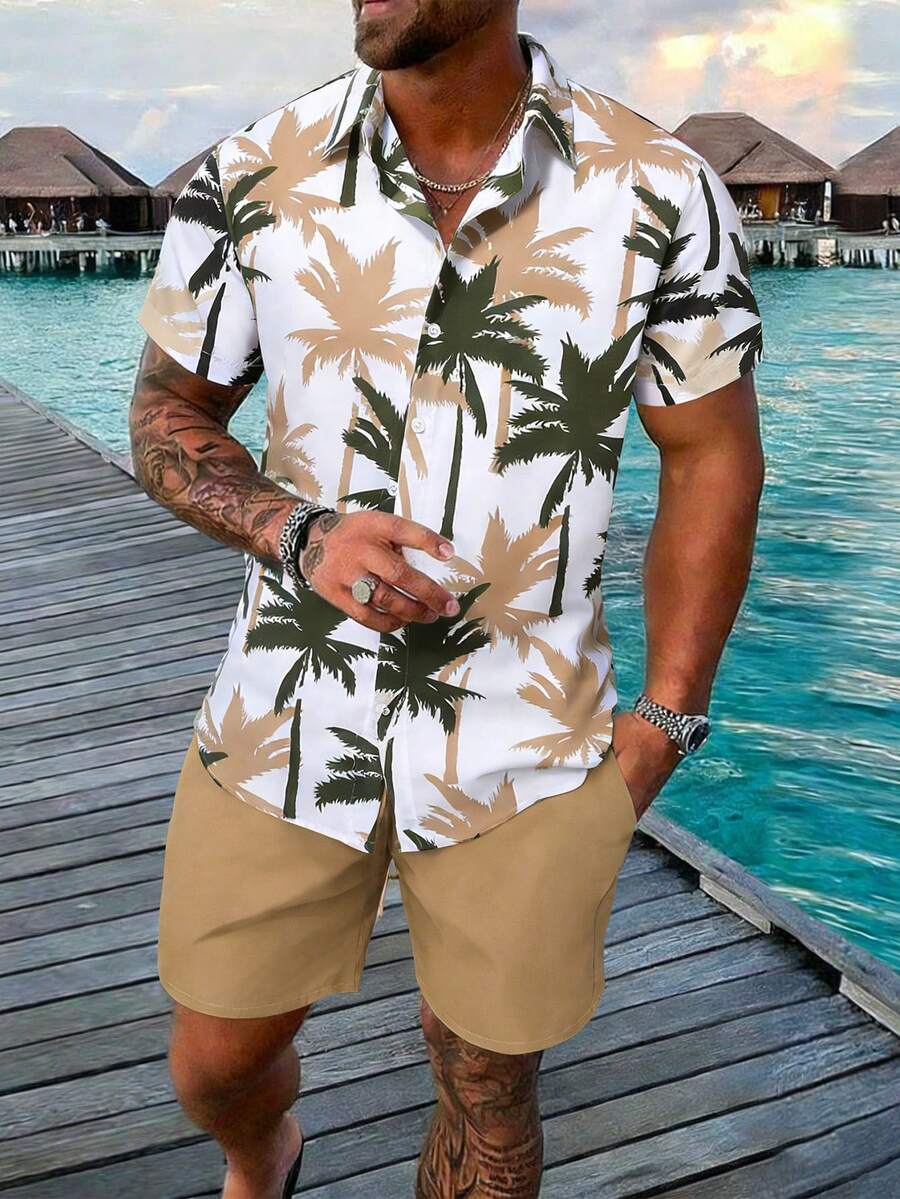 VIVINTIMO 男士植物印花纽扣短袖衬衫和斜插口袋短裤两件套,假日假日 - 彩色 - 查看 1