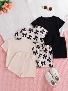 SHEIN 6件套女婴夏季可爱休闲简约杏色和黑色圆领短袖T恤上衣，带印花蝴蝶结，搭配3套同款短裤，适合日常和上学穿着。 - 黑色 - 查看 2