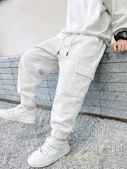 SHEIN 年轻男孩复古休闲街头风格多口袋宽松舒适抽绳腰部及踝带工装牛仔裤