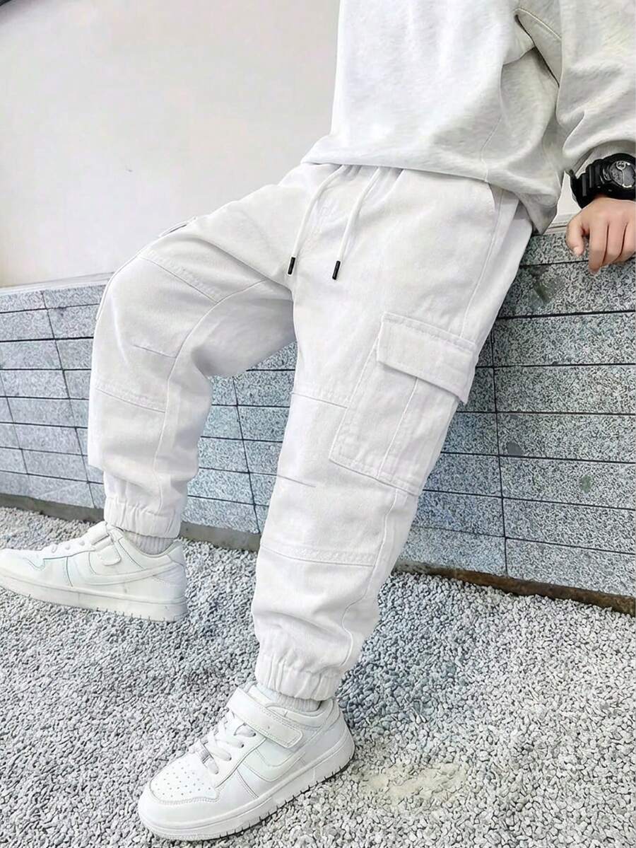 SHEIN 复古休闲街头风多口袋宽松舒适抽绳腰带束脚工装牛仔裤,适合秋冬季学校、校园、学院风穿着。 - 白色 - 查看 1