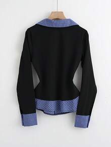 Resyla 女士黑蓝格子V领休闲衬衫，适合日常通勤和外出穿着。女士工作衬衫，商务休闲上衣，黑白衬衫，商务休闲女衬衫，商务休闲女衬衫，女士工作衬衫，商务休闲女衬衫。 - 彩色 - 查看 2