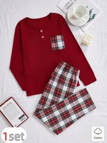 8Y-12Y Boys' Sleepwear Set, Red Solid Top & Plaid Pants, Comfortable Fabric - Red - View 6
