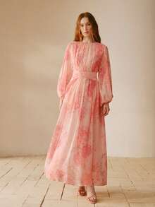 MOTF PREMIUM WOMEN'S PINK CHIFFON ROUND NECK WAIST CINCHED LONG SLEEVE MIDI DRESS