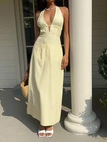 Optris Blue & White Striped Deep V-Neck Backless Tie-Up Waist A-Line Sleeveless Jumpsuit Dress, Elegant Sexy Cute Suitable For Vacation, Beach, Commute, Party, Daily Wear, Dating, Spring/Summer/Autumn - Yellow - View 5