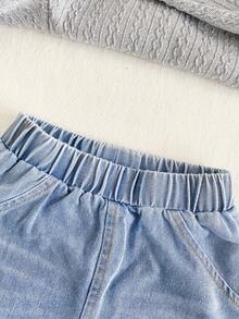 SHEIN Vintaside Kids 1 Set Baby Boy Summer Versatile Casual Collar Short Sleeve Minimalist Top Paired With Fashionable Washed Denim Shorts, Suitable For Daily Wear, Family Camping, Dining Or Shopping