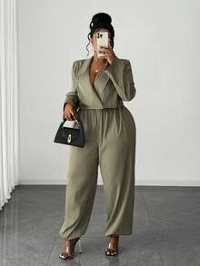 Maweii Ensemble décontracté de grande taille pour femmes, composé d'un Top à col cranté et manches longues, et d'un pantalon fuselé. Convient pour le travail et les déplacements. - Militaire verte - Voir 1
