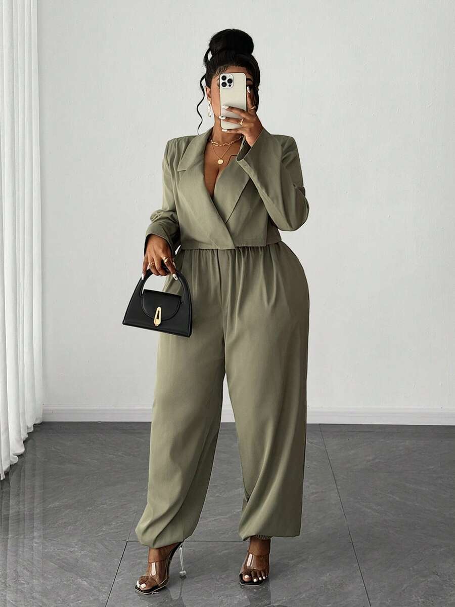 Maweii Ensemble décontracté de grande taille pour femmes, composé d'un Top à col cranté et manches longues, et d'un pantalon fuselé. Convient pour le travail et les déplacements. - Militaire verte - Voir 1