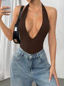 SHEIN Unity 黑色深V领露背连体衣，弹力柔软，舒适时尚，休闲性感，适合娇小女性，春夏款