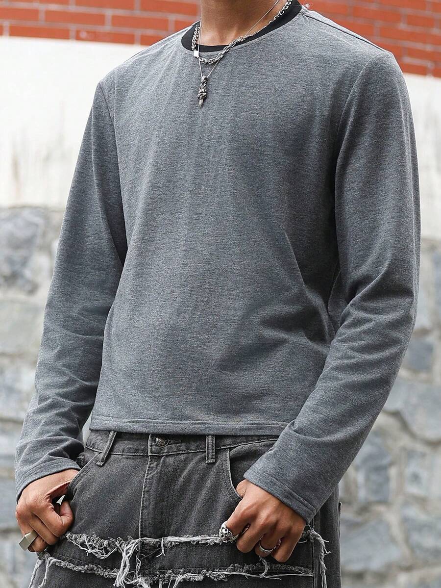 PAVTROS 男士休闲撞色滚边圆领长袖T恤，秋季款 - 深灰色 - 查看 1