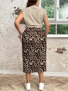 EMERY ROSE Conjunto informal de 2 piezas con lazo y estampado de leopardo, adecuado para vacaciones en talla grande - Multicolor - Ver 2