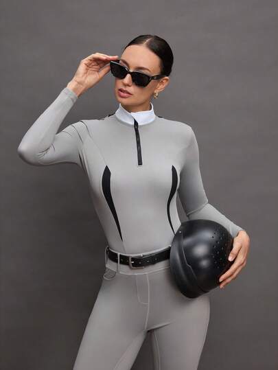 Activina Women's Stand Collar Zipper Half Placket Casual Versatile Daily Outdoor Equestrian Long Sleeve Top