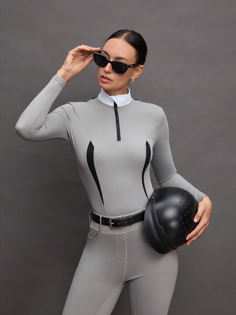 Activina Women's Stand Collar Zipper Half Placket Casual Versatile Daily Outdoor Equestrian Long Sleeve Top - Grey - View 1