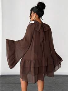 Maweii Plus Size Women Ruffle Chiffon Sexy Bow Tie Dress - Brown - View 5