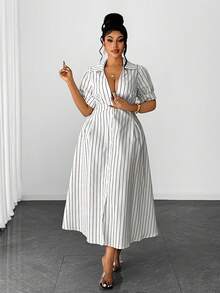 Maweii Retro American Casual Striped Print Plus Size Shirt Dress - White - View 5