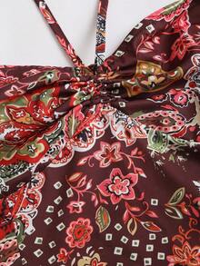 Sweetra Women's Brown Paisley Cashew Print Summer Strapless Drawstring Halter Backless Double Hem Bohemian Beach Vacation Sexy Bodycon Mini Dress - Multicolor - View 5
