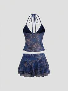 Sweetra Women's Blue Paisley Cashew Floral Print V-Neck Halter Backless Asymmetric Hem Cropped Top With Layered Ruffle Skirt And Side Tie, Sexy Boho Vacation Outfit. Spring/Summer. Perfect Summer Holiday Outfits. - Blue - View 2