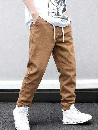 SHEIN Tween Boy Elastic Waistband Adjustable Drawstring All-Match Simple Versatile Comfortable Slim Fit Gray Casual Denim Jeans, School, Campus, College Chic Outfits For Autumn/Winter