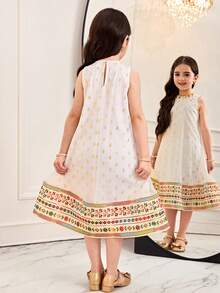 SHEIN Young Girl Elegant White Summer Party Gold Foil Print Sleeveless Dress,Cute Floral & Cartoon Print Casual Modest Kaftan,Jalabiya Muslim Kids Dresses - Gold - View 5