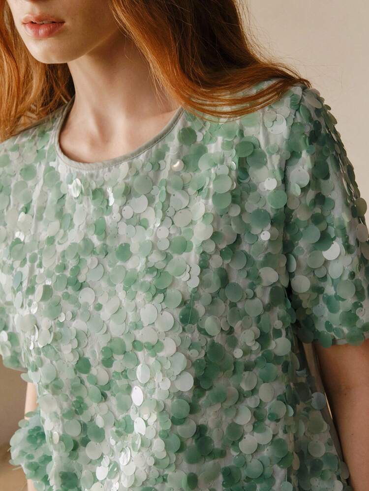 Blouse femme ajustée avec broderie de sequins, panneau arrière en maille transparente, chiffon diamant, sexy printemps/été