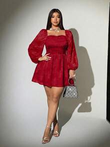 Viva Relle Plus Size Sexy Square Neck Long Sleeve Chic Casual Dress, Christmas Red Party - Red - View 4