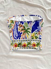 Soleia Women's Casual Island Coastal Theme Hand-Painted Coconut Palm, Tropical Plant & Leopard Print Tube Top, Sexy Blouse For Beach, Pool Parties, Summer Vacation, Vacation Outfit, Sexy Cute Coconut Girl, B Spring - Multicolor - View 2