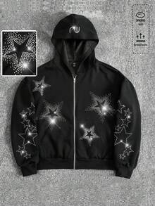ROMWE MEN Men's Street Style Sparkling Diamond Star Hooded Sweatshirt, Loose Fit - Black - View 1