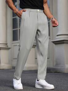 Manfinity Mode Manfinity Men Plus Size Suit Pants,Light Grey,Summer,Smart Casual,Office,Teachers' Day Formal Versatile Straight Leg Trousers,Waist Rivet Design Gift - Light Grey - View 3