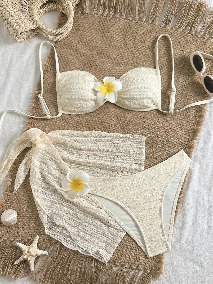 Swim Mod 女士提花面料芙蓉花装饰露背性感比基尼三件套，海滩度假 - 黃色 - 查看 1