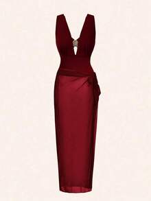 Swim Chiccia 大码三件套优雅棕色金属扣装饰连体泳衣，可拆分搭配其他服饰，适合派对和度假穿着 - 酒紅色 - 查看 6